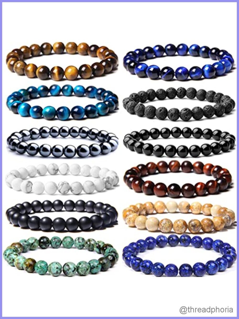 12pcs Semi-Precious Gemstone Beaded Stretch Bracelets Set, 8mm Natural Stones
